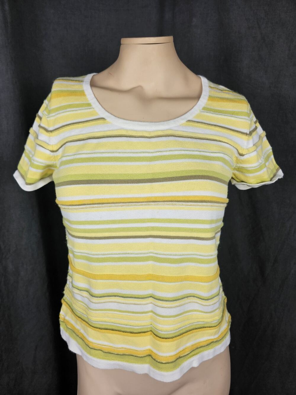 Susan Bristol Knit Top S Striped Yellow Green Vintage Cotton Blend Short Sleeve